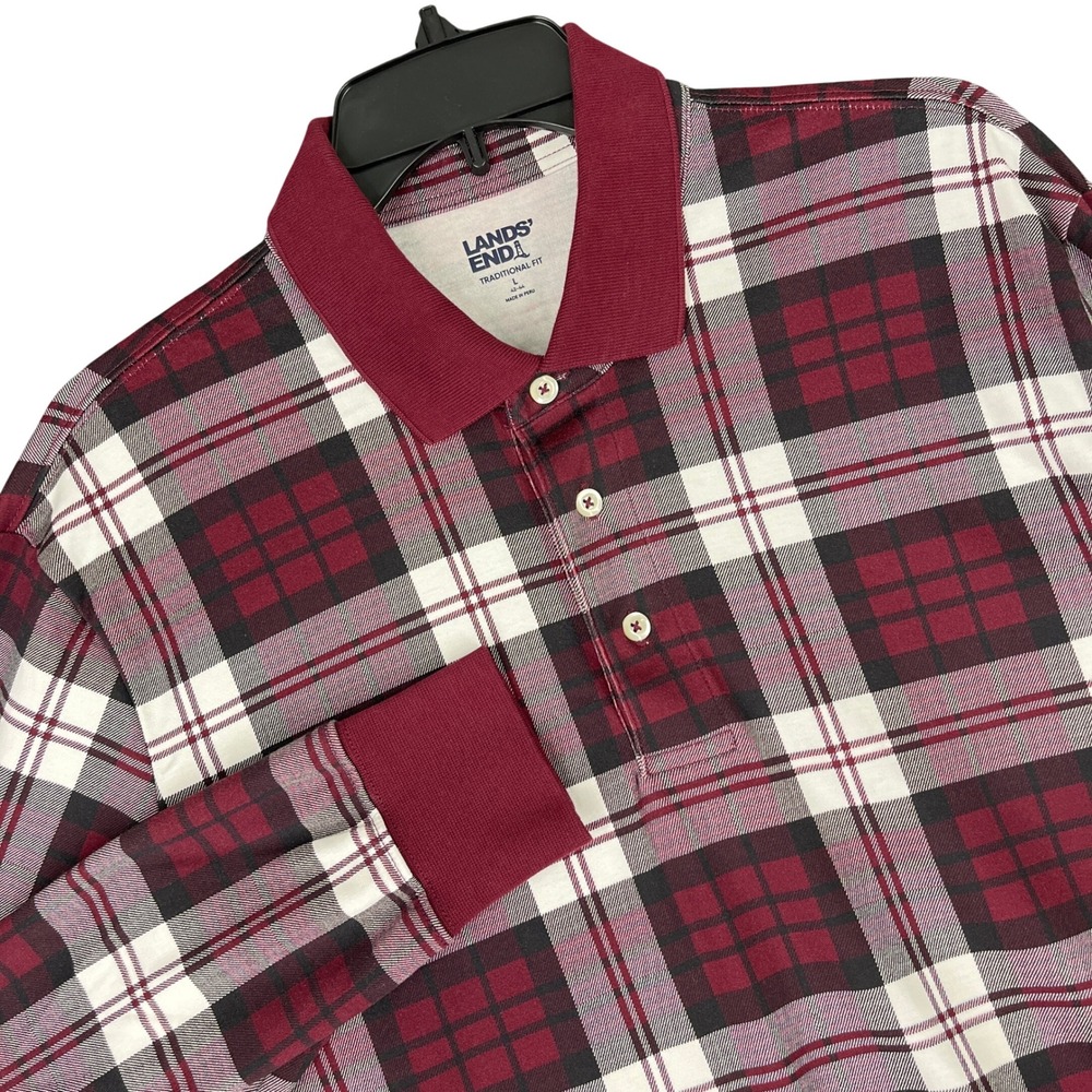 Lands‎ End Polo Shirt Mens L Long Sleeve Plaid Preppy Dark Academia Heritage